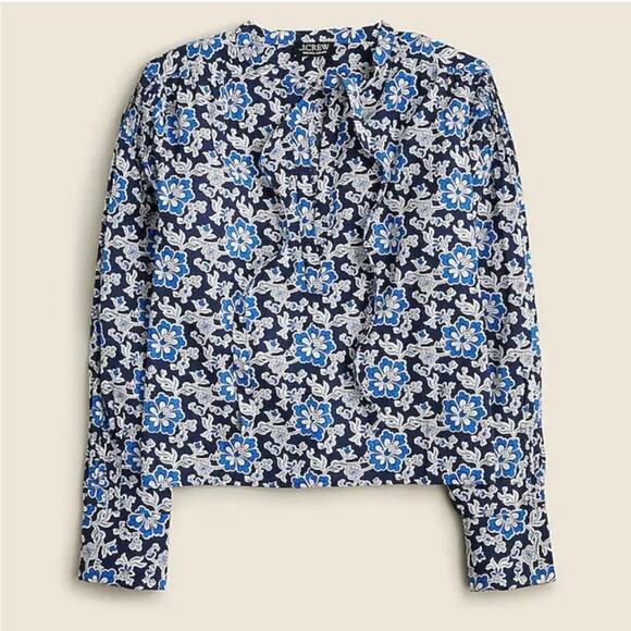 NWT J. Crew Blue V-Neck Tie Top in Floral Cotton-Blend Dobby Small CA589 New - Picture 4 of 16
